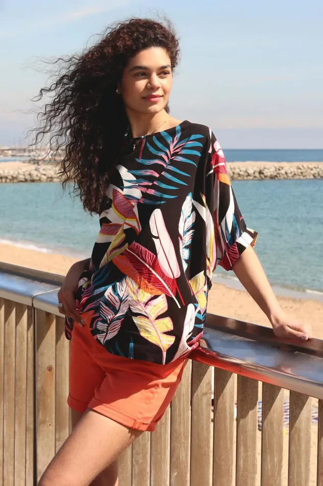 Black Tropical Print Button Back Top Women Roman Tops