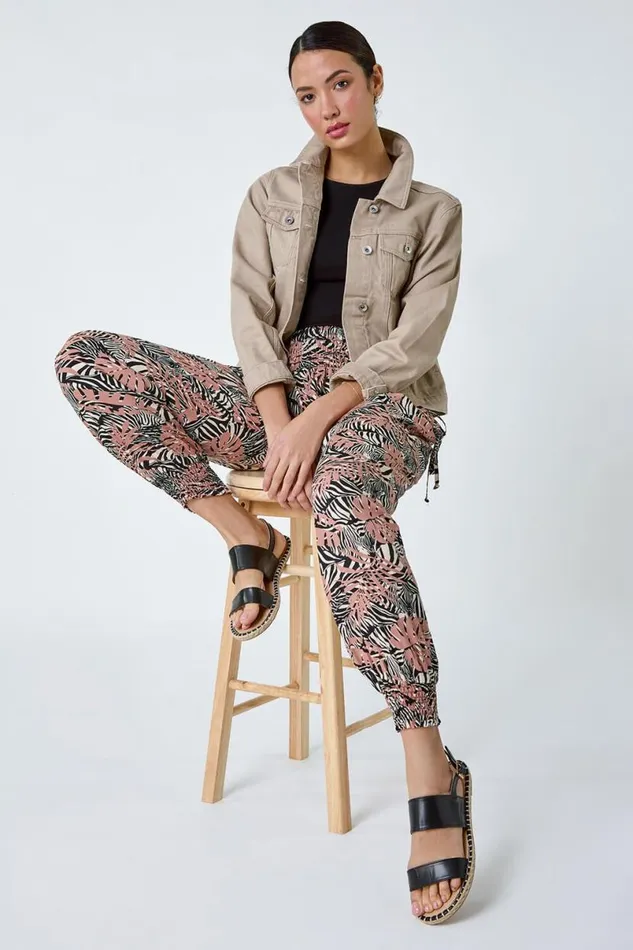 Black Tropical Print Elastic Waist Hareem Trousers Women Roman Trousers