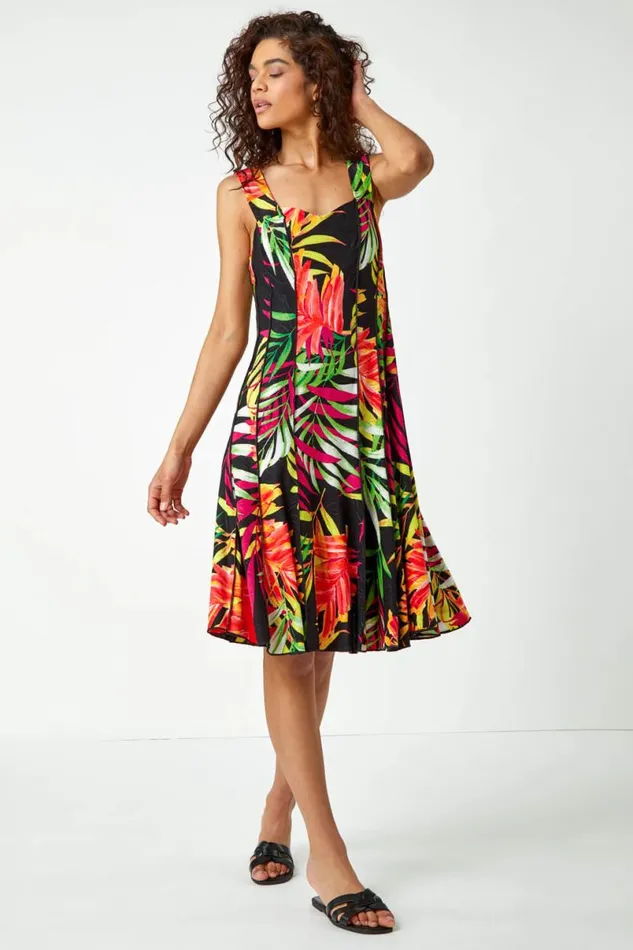 Black Tropical Print Panel Dress Women Roman Dresses
