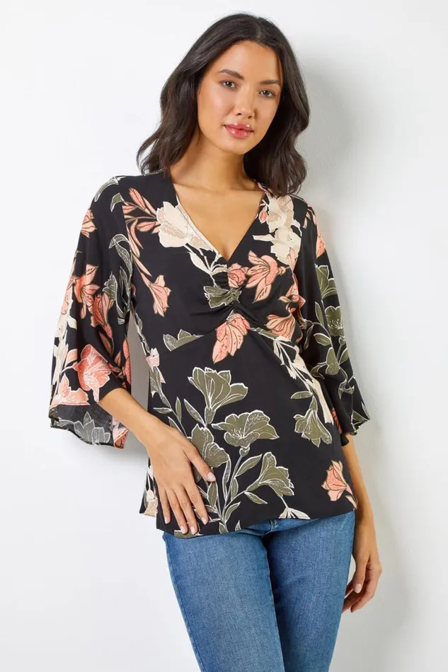 Black Tropical Print VNeck Ruched Tunic Top Women Roman Tops