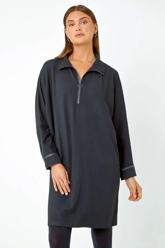 Black Zip Detail Cocoon Stretch Dress Women Roman Dresses
