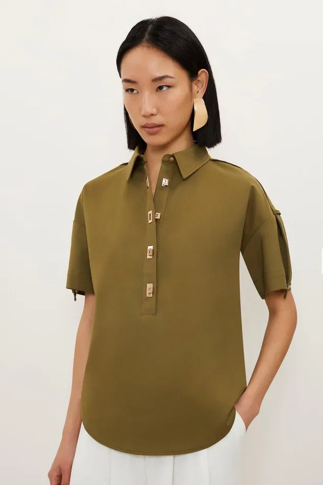 Blouses Women Karen Millen Techno Cotton Woven Short Sleeve Hardwear Detail Shirt Khaki
