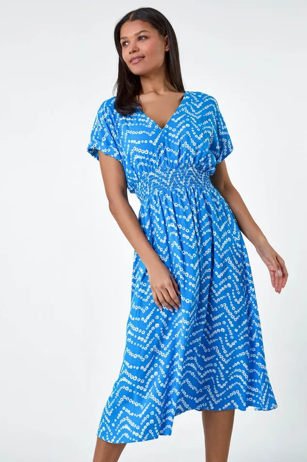 Blue Abstract Floral Zig Zag Print Midi Dress Women Roman Dresses