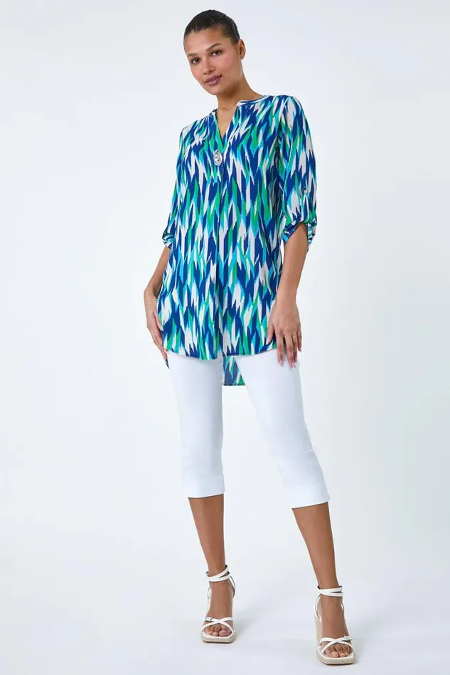 Blue Abstract Longline Button Detail Tunic Top Women Roman Tops