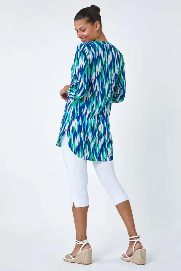 Blue Abstract Longline Button Detail Tunic Top Women Roman Tops