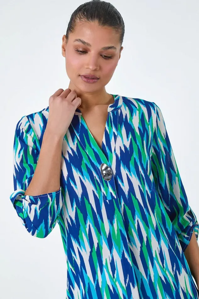 Blue Abstract Longline Button Detail Tunic Top Women Roman Tops