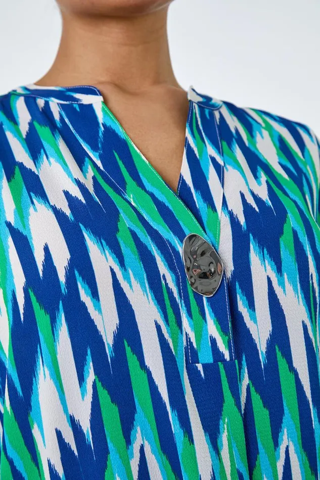 Blue Abstract Longline Button Detail Tunic Top Women Roman Tops