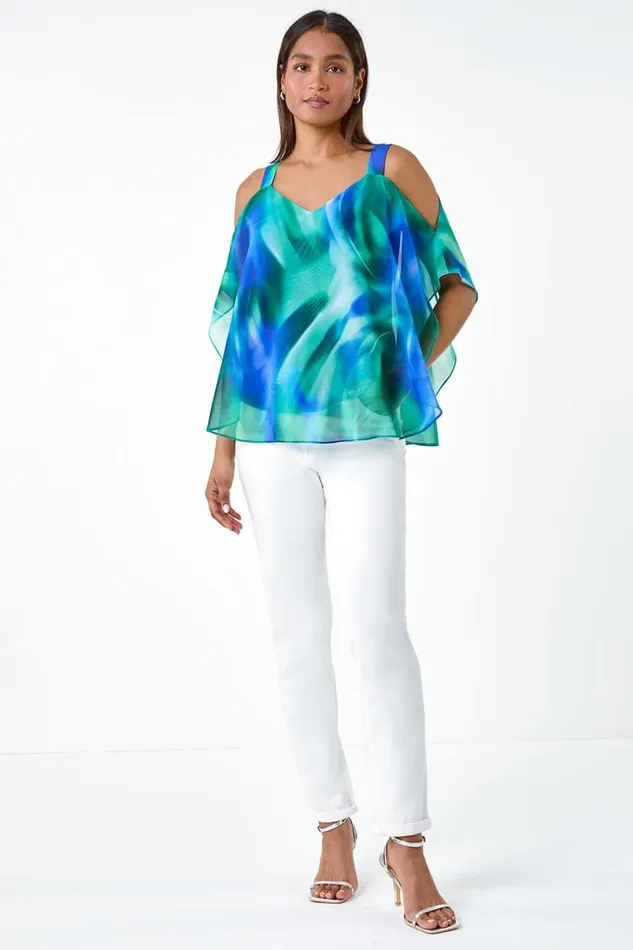 Blue Abstract Print Cold Shoulder Overlay Top Women Roman Tops