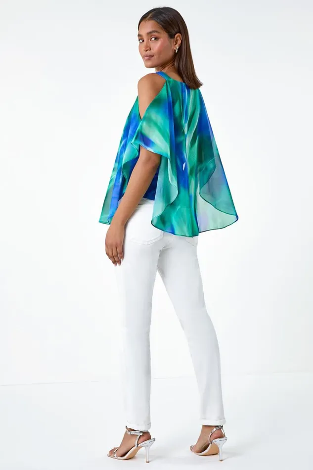 Blue Abstract Print Cold Shoulder Overlay Top Women Roman Tops