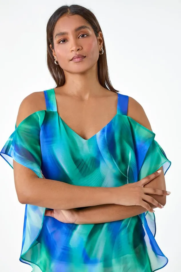 Blue Abstract Print Cold Shoulder Overlay Top Women Roman Tops