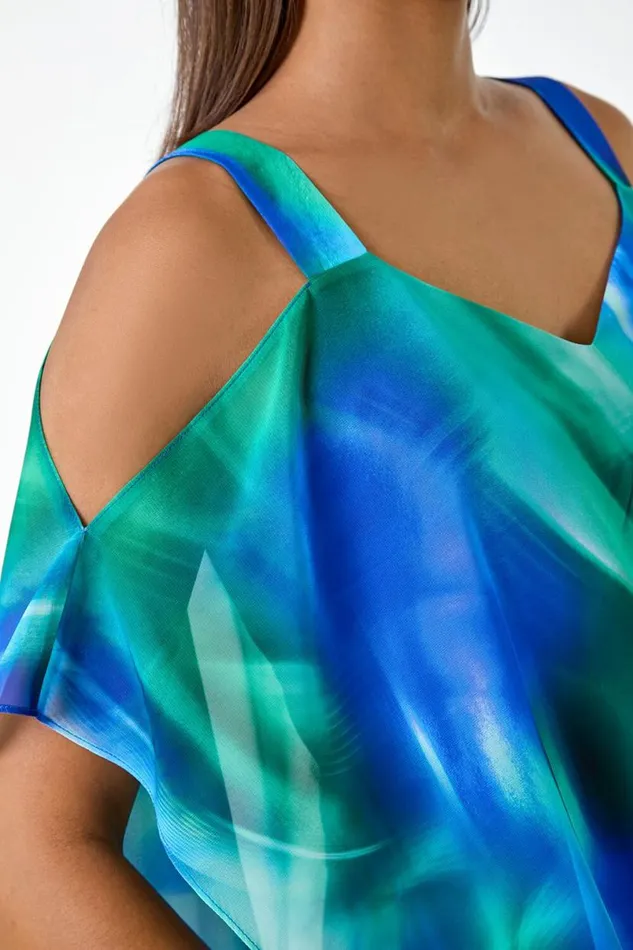Blue Abstract Print Cold Shoulder Overlay Top Women Roman Tops