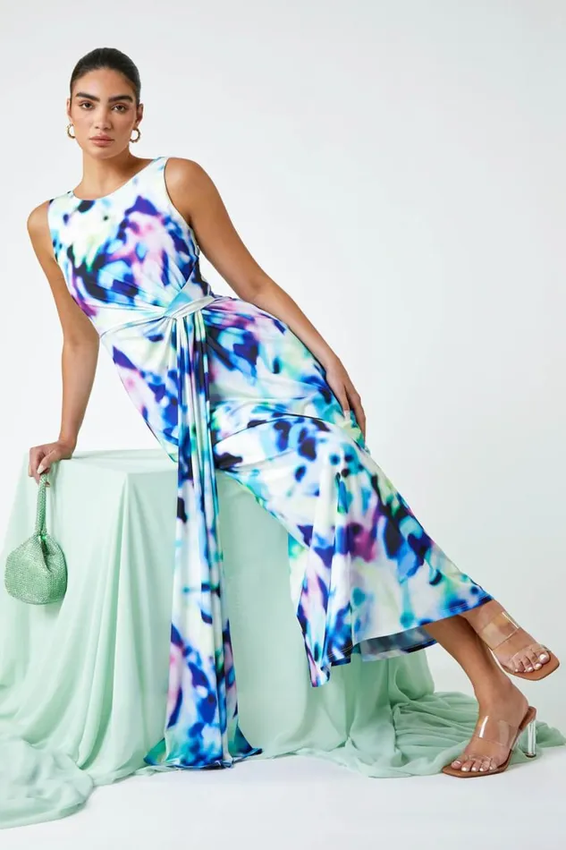 Blue Abstract Print Twist Drape Ruched Maxi Dress Women Roman Dresses