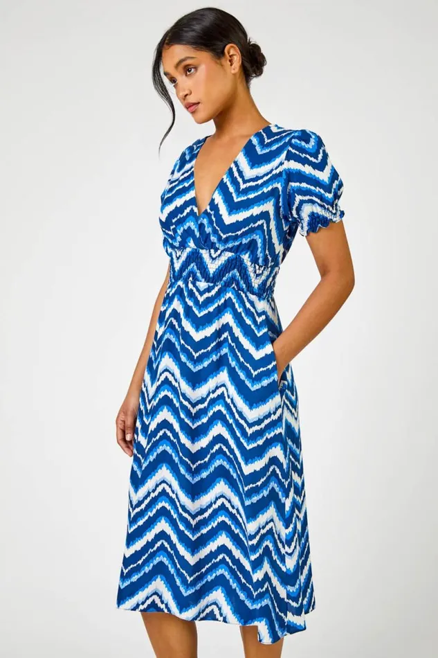 Blue Abstract Zig Zag Pocket Tea Dress Women Roman Dresses