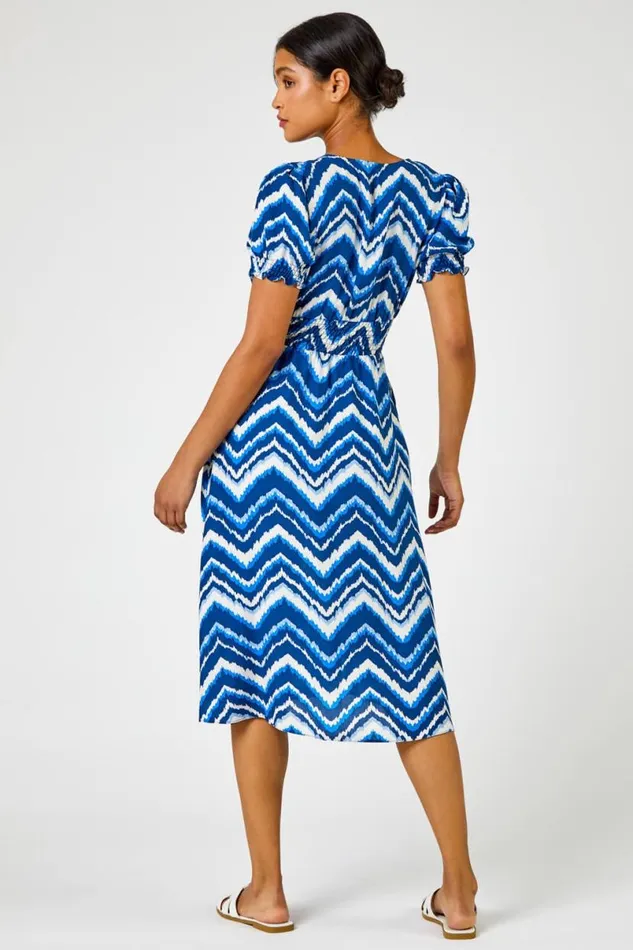 Blue Abstract Zig Zag Pocket Tea Dress Women Roman Dresses