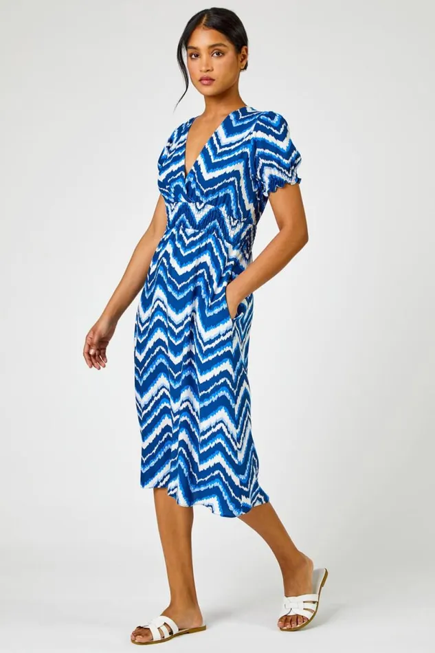 Blue Abstract Zig Zag Pocket Tea Dress Women Roman Dresses