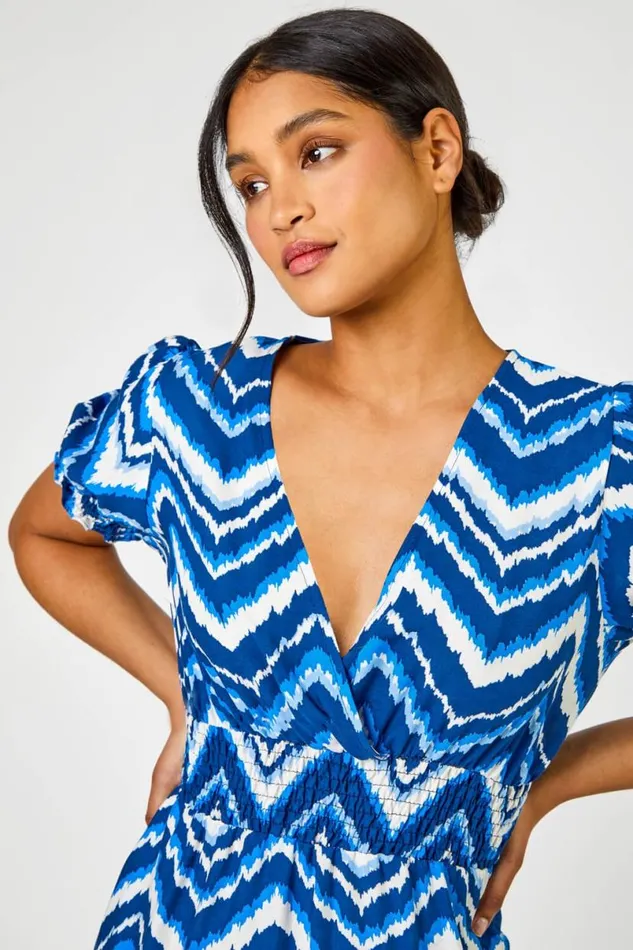 Blue Abstract Zig Zag Pocket Tea Dress Women Roman Dresses