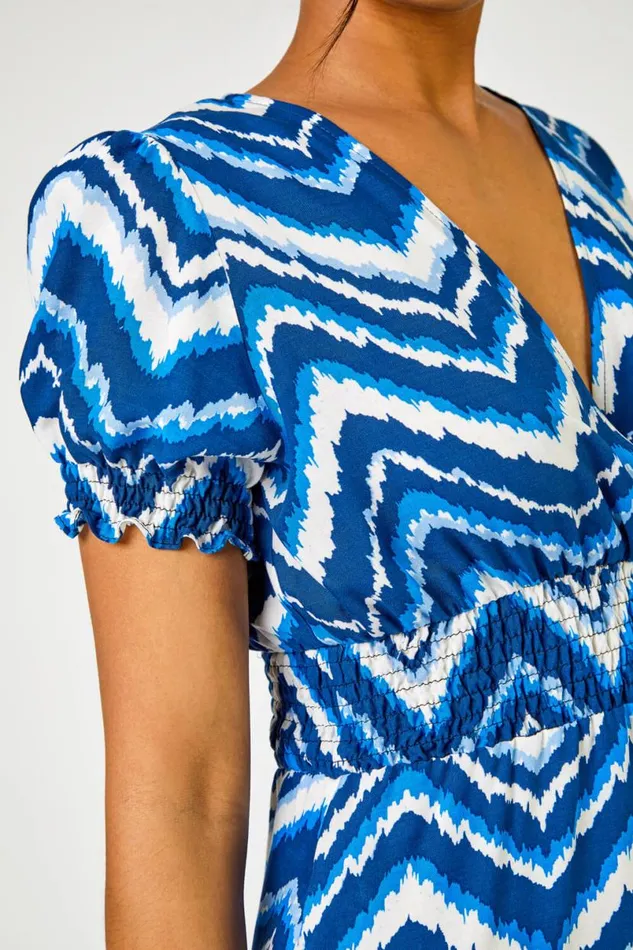 Blue Abstract Zig Zag Pocket Tea Dress Women Roman Dresses