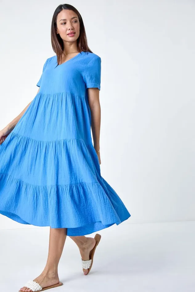 Blue Cotton Textured Tiered Midi Dress Women Roman Dresses