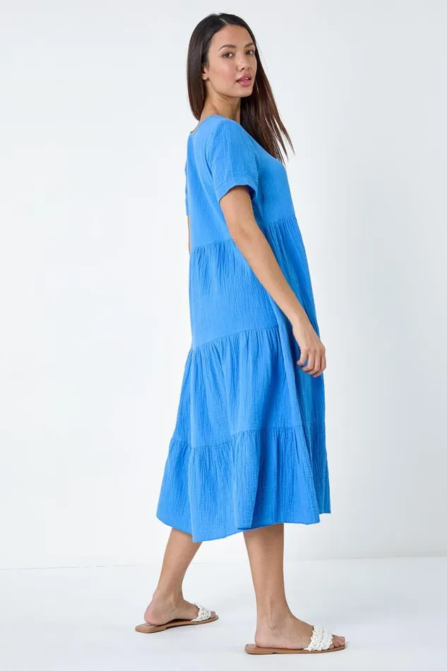 Blue Cotton Textured Tiered Midi Dress Women Roman Dresses