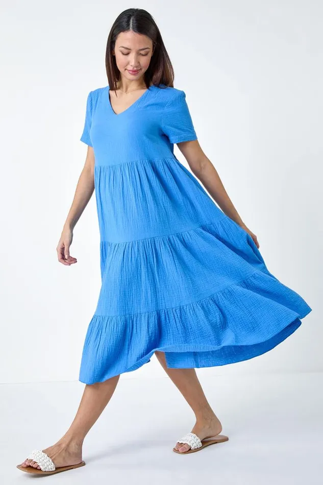 Blue Cotton Textured Tiered Midi Dress Women Roman Dresses