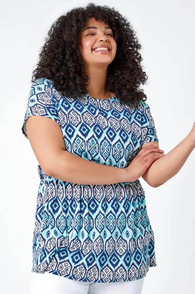 Blue Curve Aztec Print Stretch Top Women Roman Tops