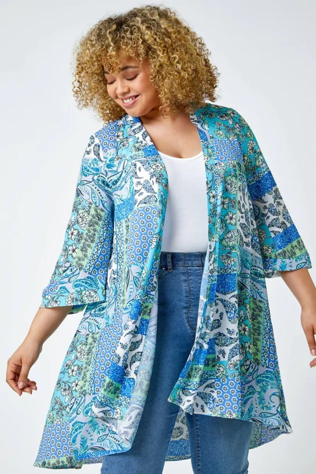 Blue Curve Floral Paisley Longline Kimono Women Roman Tops