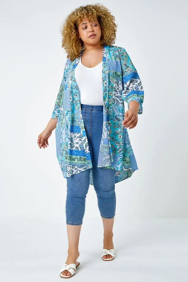 Blue Curve Floral Paisley Longline Kimono Women Roman Tops