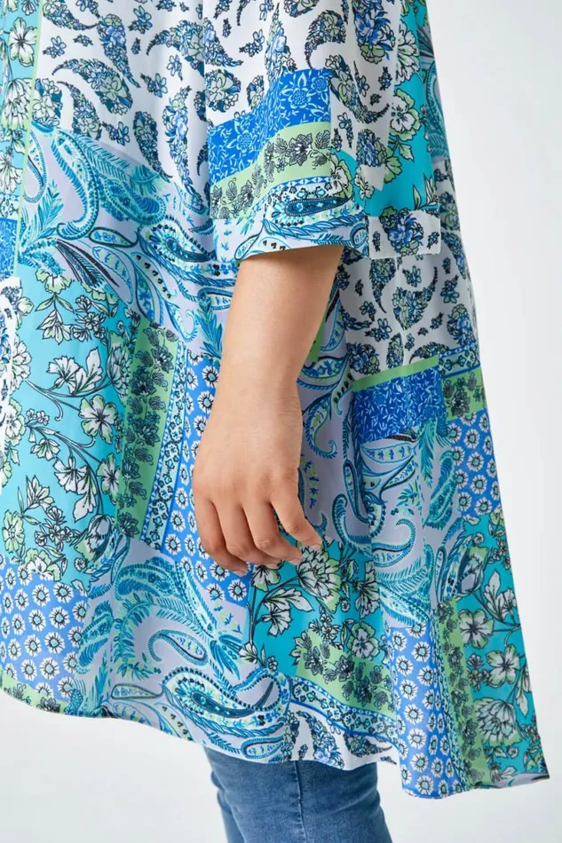 Blue Curve Floral Paisley Longline Kimono Women Roman Tops