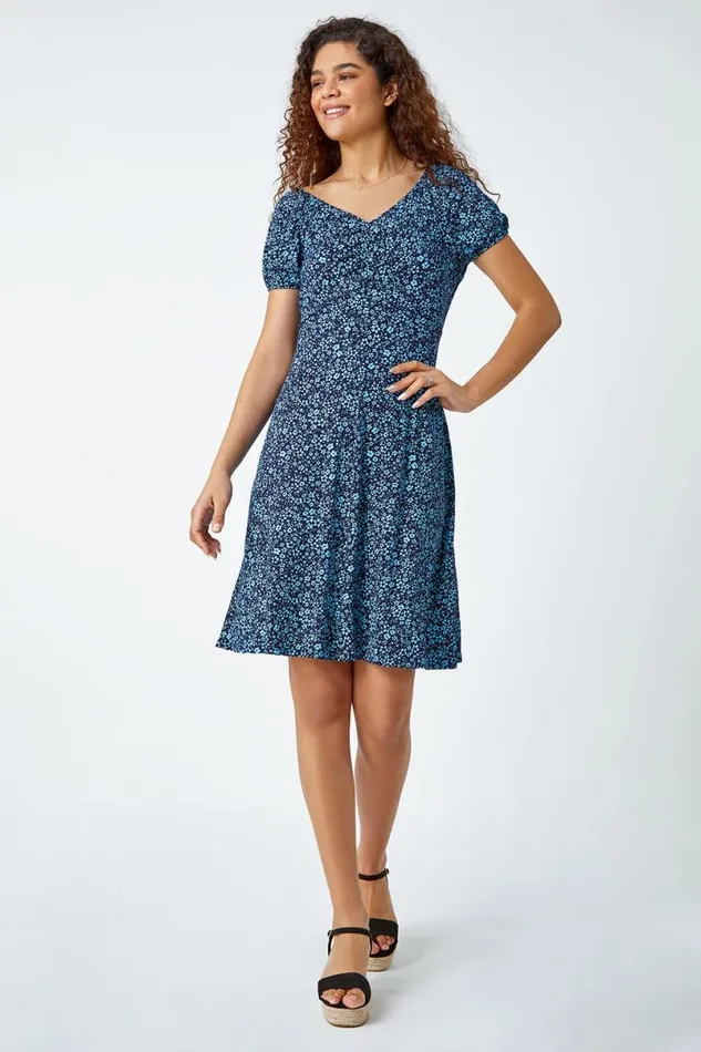 Blue Ditsy Floral Stretch Ruched Dress Women Roman Dresses