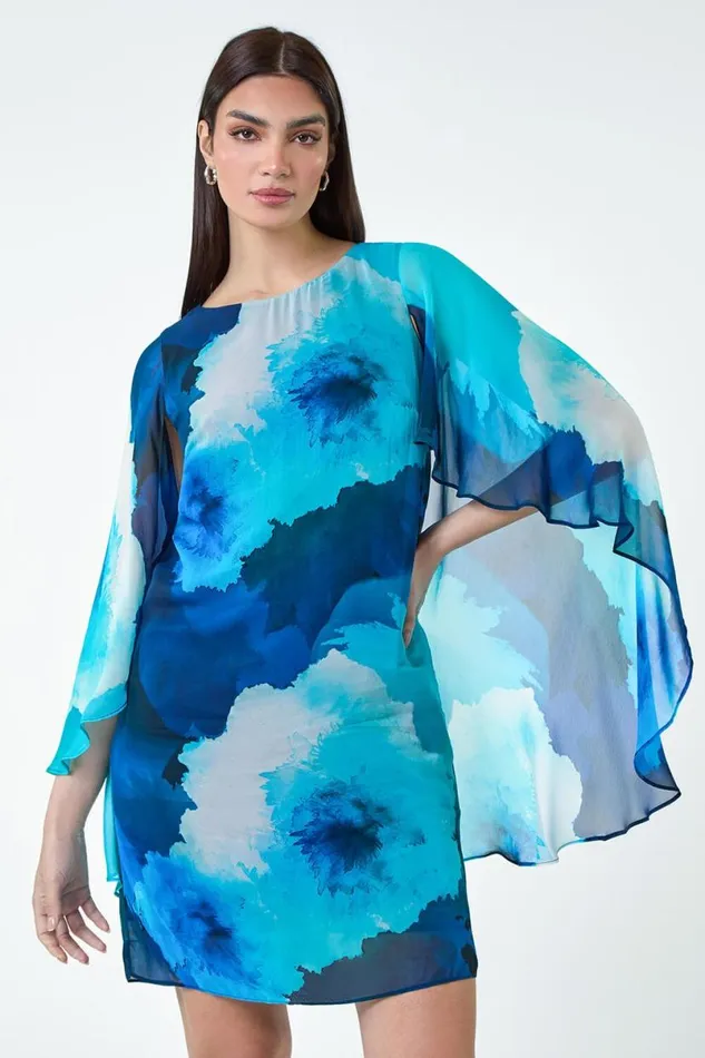 Blue Floral Print Chiffon Cape Dress Women Roman Dresses