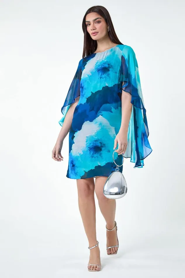 Blue Floral Print Chiffon Cape Dress Women Roman Dresses