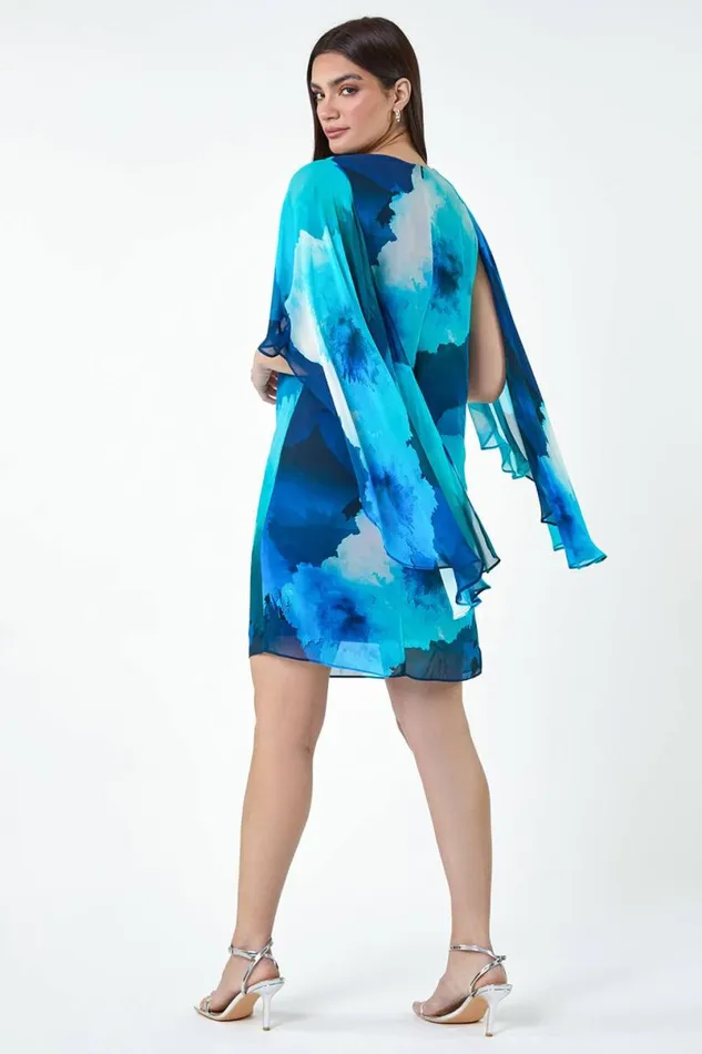 Blue Floral Print Chiffon Cape Dress Women Roman Dresses