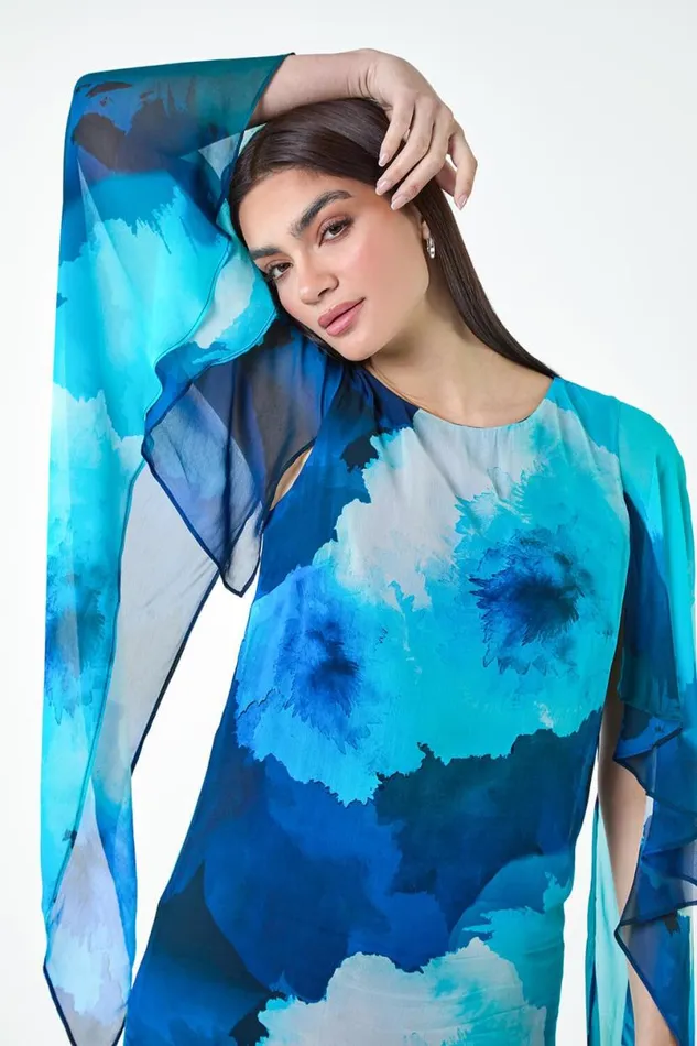 Blue Floral Print Chiffon Cape Dress Women Roman Dresses