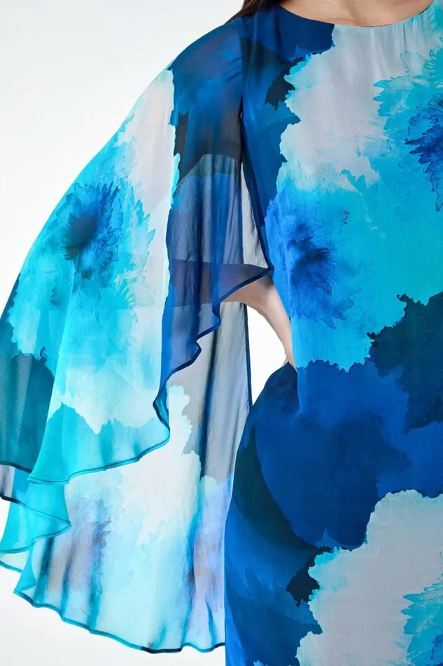 Blue Floral Print Chiffon Cape Dress Women Roman Dresses