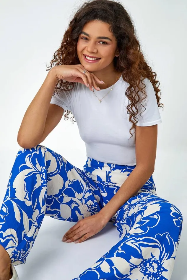 Blue Floral Print Elastic Waist Wide Leg Trousers Women Roman Trousers