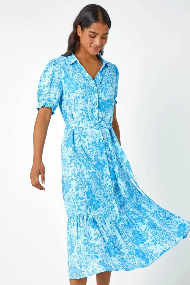Blue Floral Print Frill Hem Shirt Dress Women Roman Dresses
