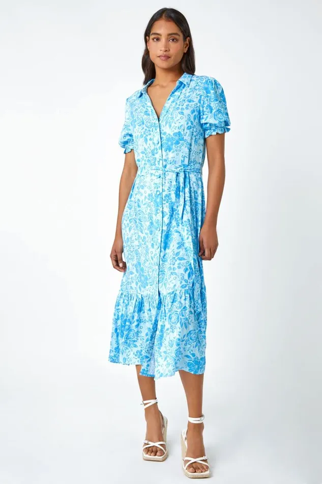 Blue Floral Print Frill Hem Shirt Dress Women Roman Dresses