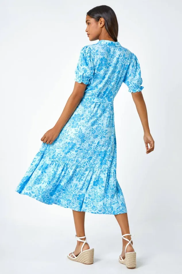 Blue Floral Print Frill Hem Shirt Dress Women Roman Dresses