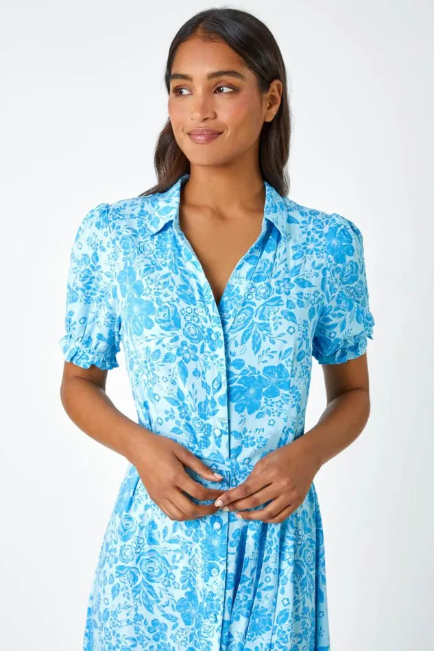 Blue Floral Print Frill Hem Shirt Dress Women Roman Dresses