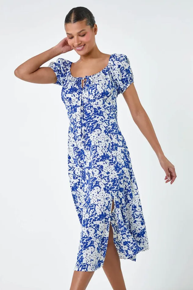 Blue Floral Tie Detail Midi Dress Women Roman Dresses