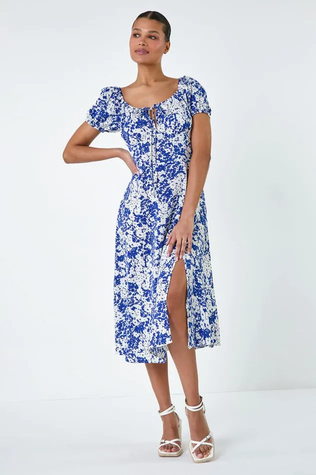 Blue Floral Tie Detail Midi Dress Women Roman Dresses