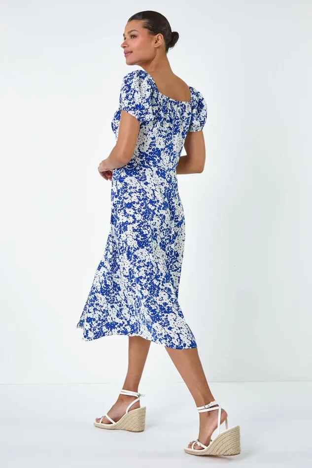 Blue Floral Tie Detail Midi Dress Women Roman Dresses
