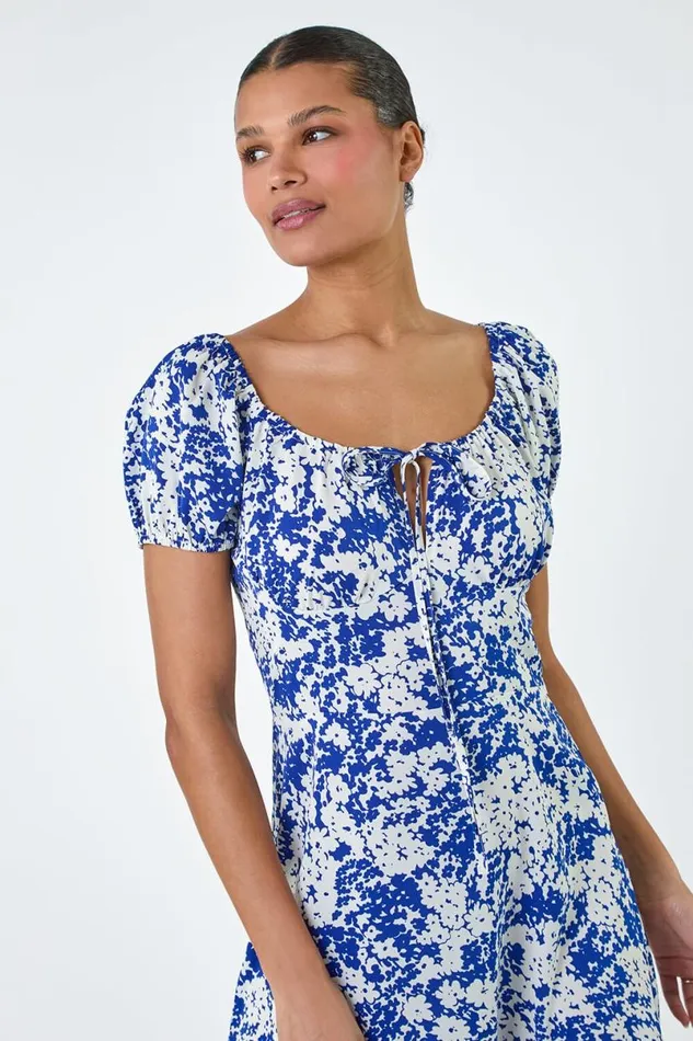 Blue Floral Tie Detail Midi Dress Women Roman Dresses