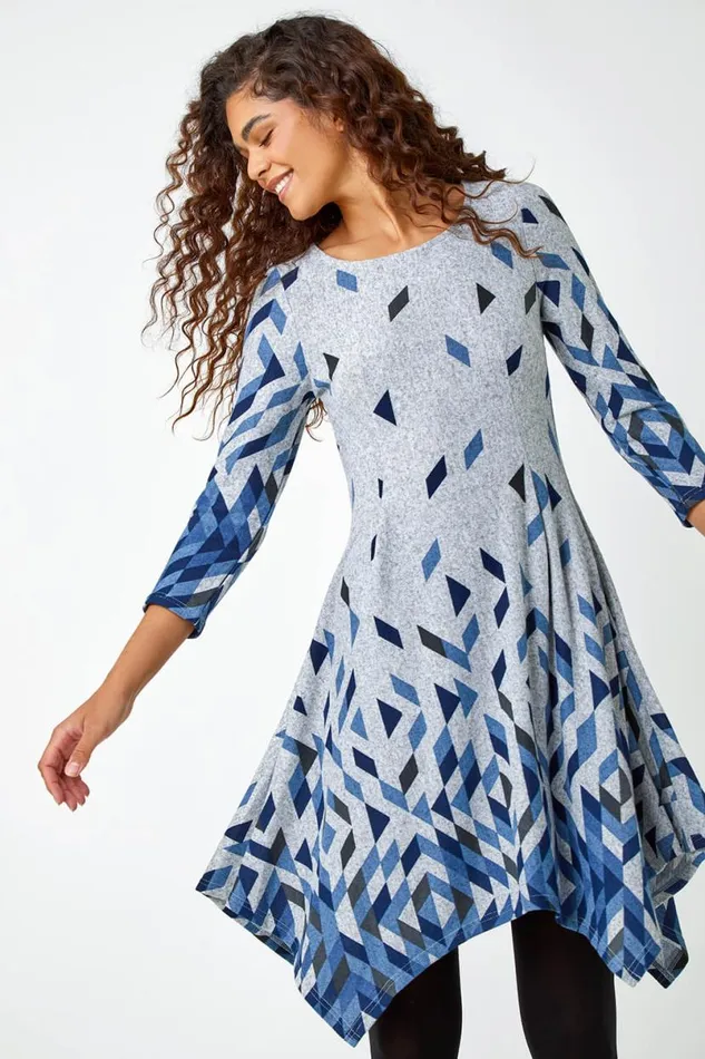 Blue Geometric Print Panelled Stretch Dress Women Roman Dresses