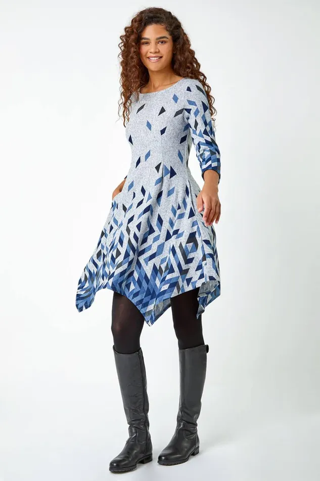 Blue Geometric Print Panelled Stretch Dress Women Roman Dresses