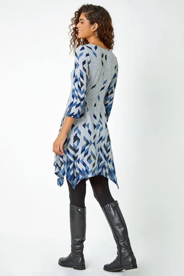 Blue Geometric Print Panelled Stretch Dress Women Roman Dresses