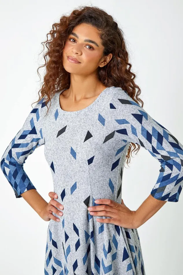 Blue Geometric Print Panelled Stretch Dress Women Roman Dresses