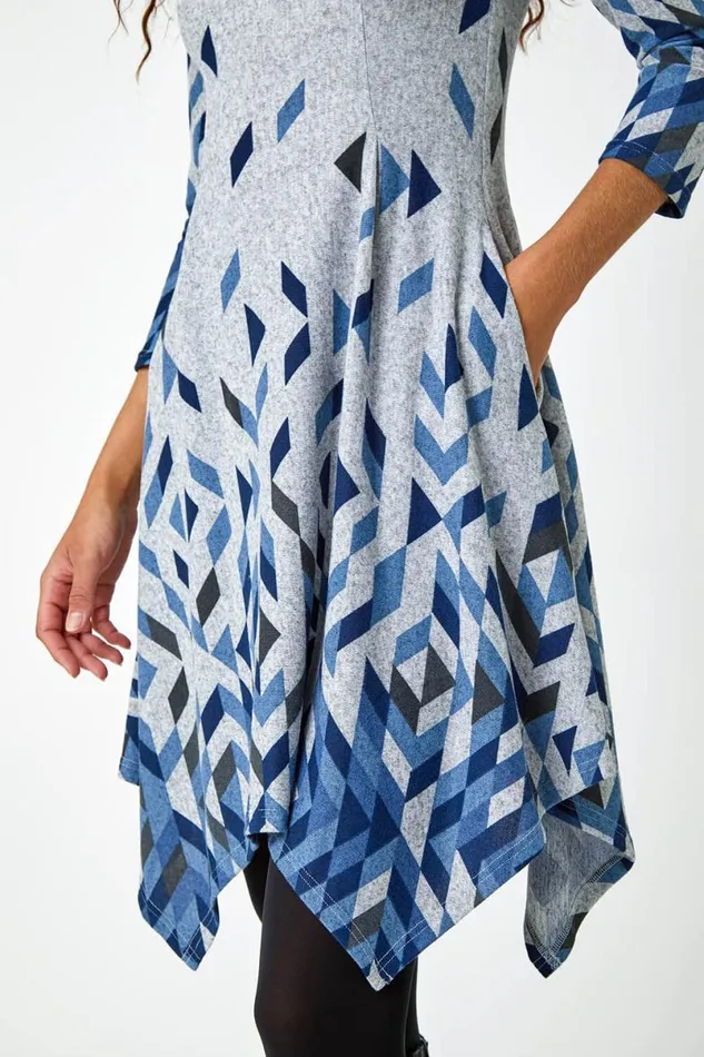 Blue Geometric Print Panelled Stretch Dress Women Roman Dresses