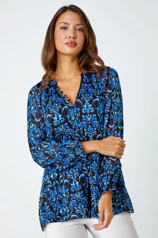 Blue Metallic Print VNeck Chiffon Blouse Women Roman Tops