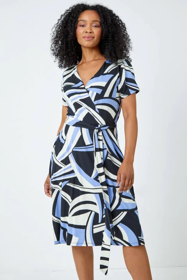 Blue Petite Abstract Print Stretch Wrap Dress Women Roman Dresses